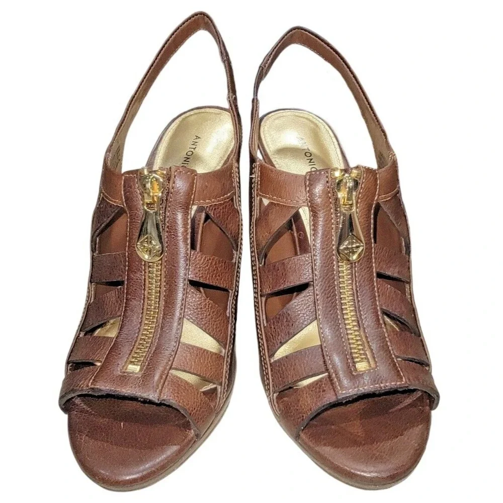 Antonio Melani Cinema Women's Walnut Brown Heeled Leather Sandals Size 7.5 M New